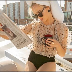 Zara~Sheer Light Taupe with Polka Dots & Puff Sleeves ,Delicate Ruffle Detailing